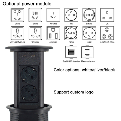 電気ポップアップ電源ソケット 双面設計 4つのACソケットと2つのUSBA+C+ワイヤレス充電器