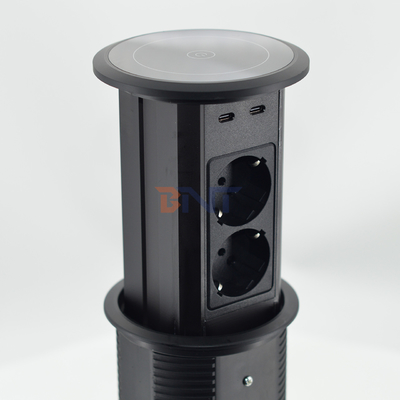 電気ポップアップ電源ソケット 双面設計 4つのACソケットと2つのUSBA+C+ワイヤレス充電器